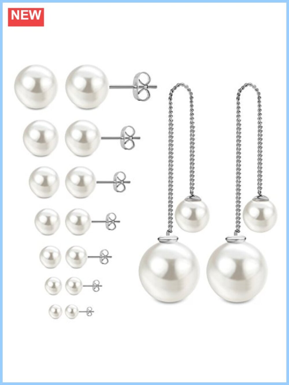 Faux Pearl Stud & Dangle Earrings Set Hypoallergenic Stainless Steel 8 Pairs